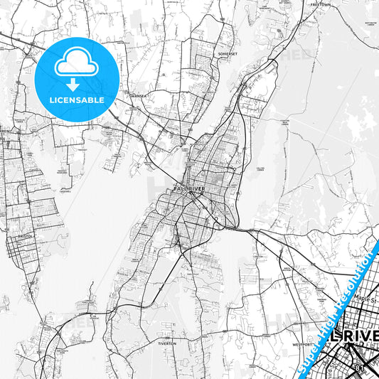 Fall River, Massachusetts light map with streetnames, citynames and districts