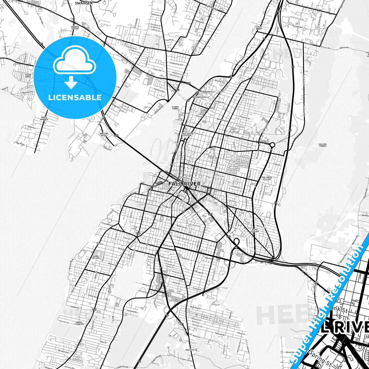 Fall River, Massachusetts Light Map with Street Names, City Names, and Districts
