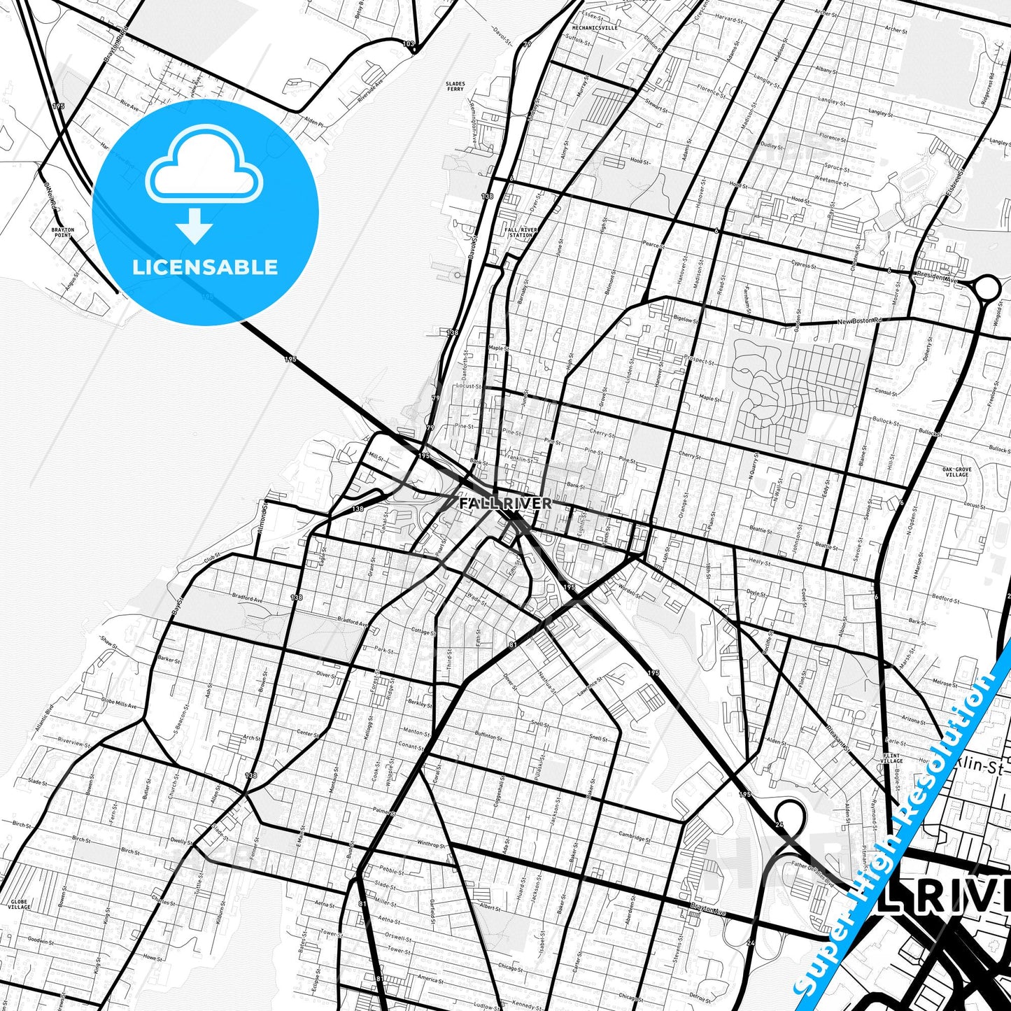 Fall River, Massachusetts Light Map with Street Names, City Names, and Districts