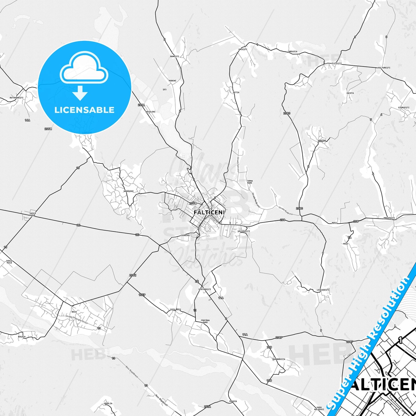 Fălticeni, Romania light map with streetnames, citynames and districts