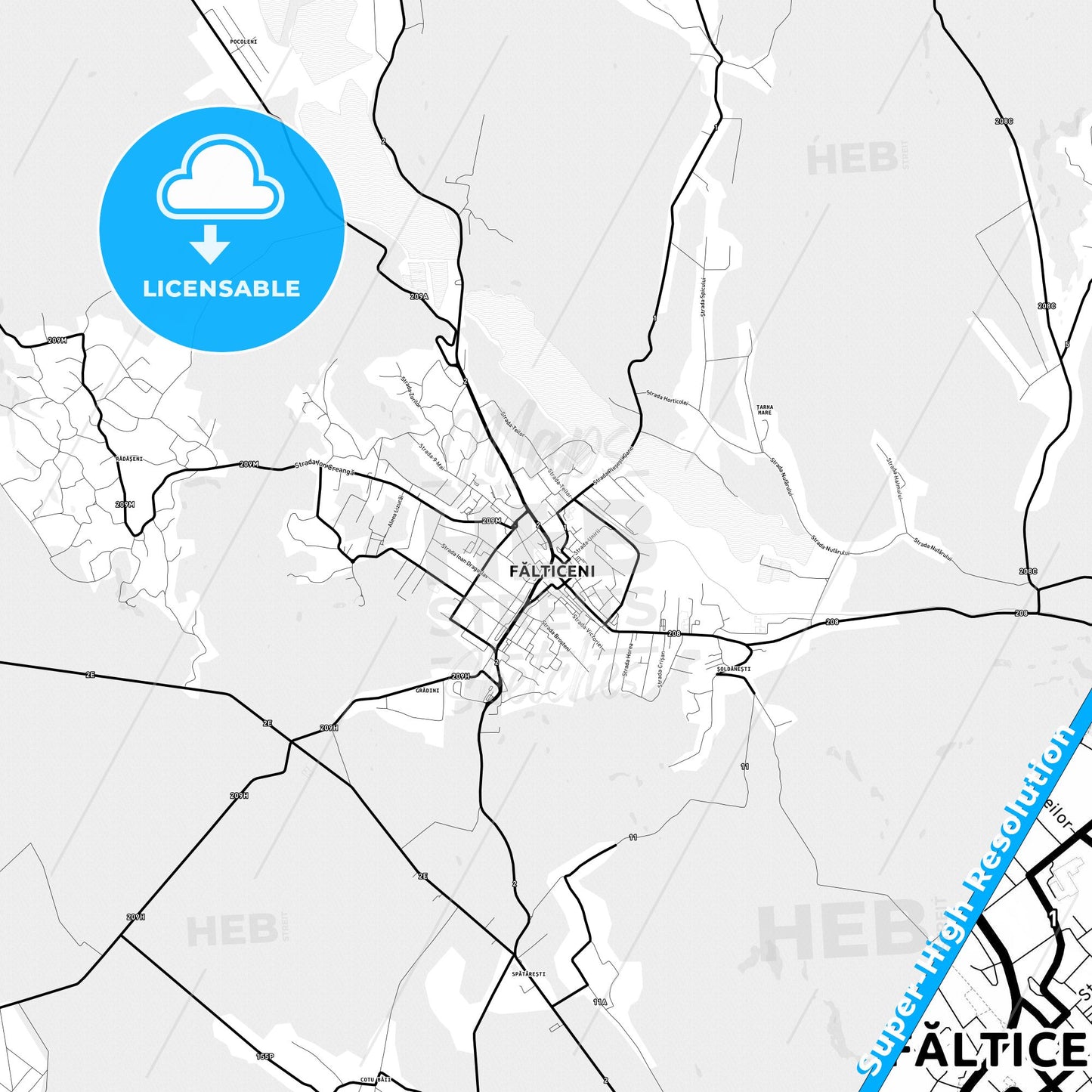 Fălticeni, Romania Light Map with Street Names, City Names, and Districts