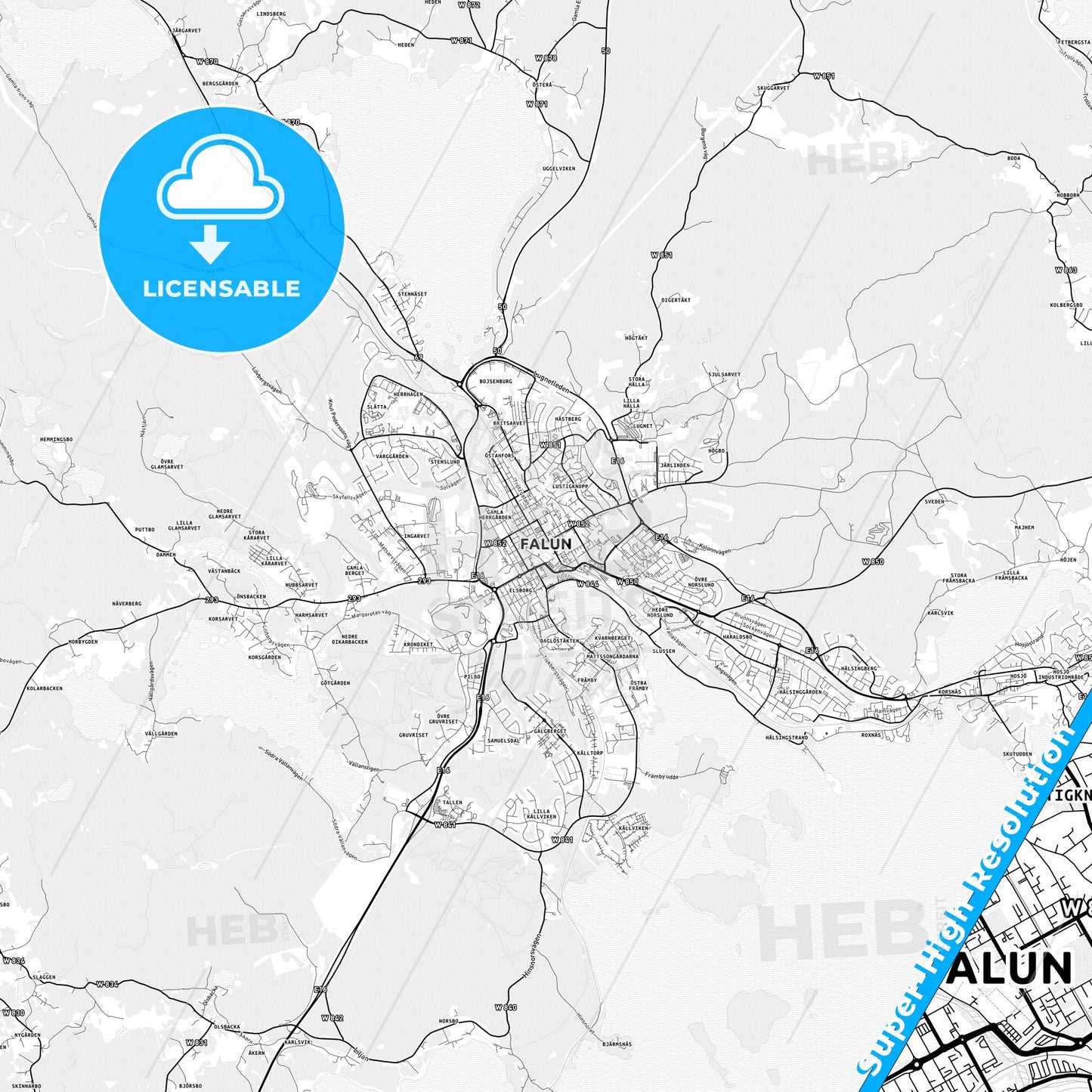 Falun, Sweden light map with streetnames, citynames and districts