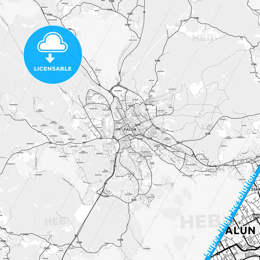 Falun, Sweden light map with streetnames, citynames and districts