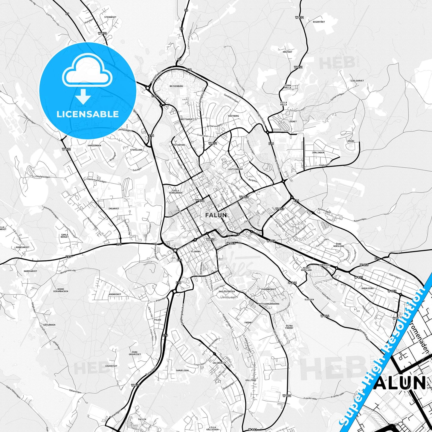 Falun, Sweden Light Map with Street Names, City Names, and Districts