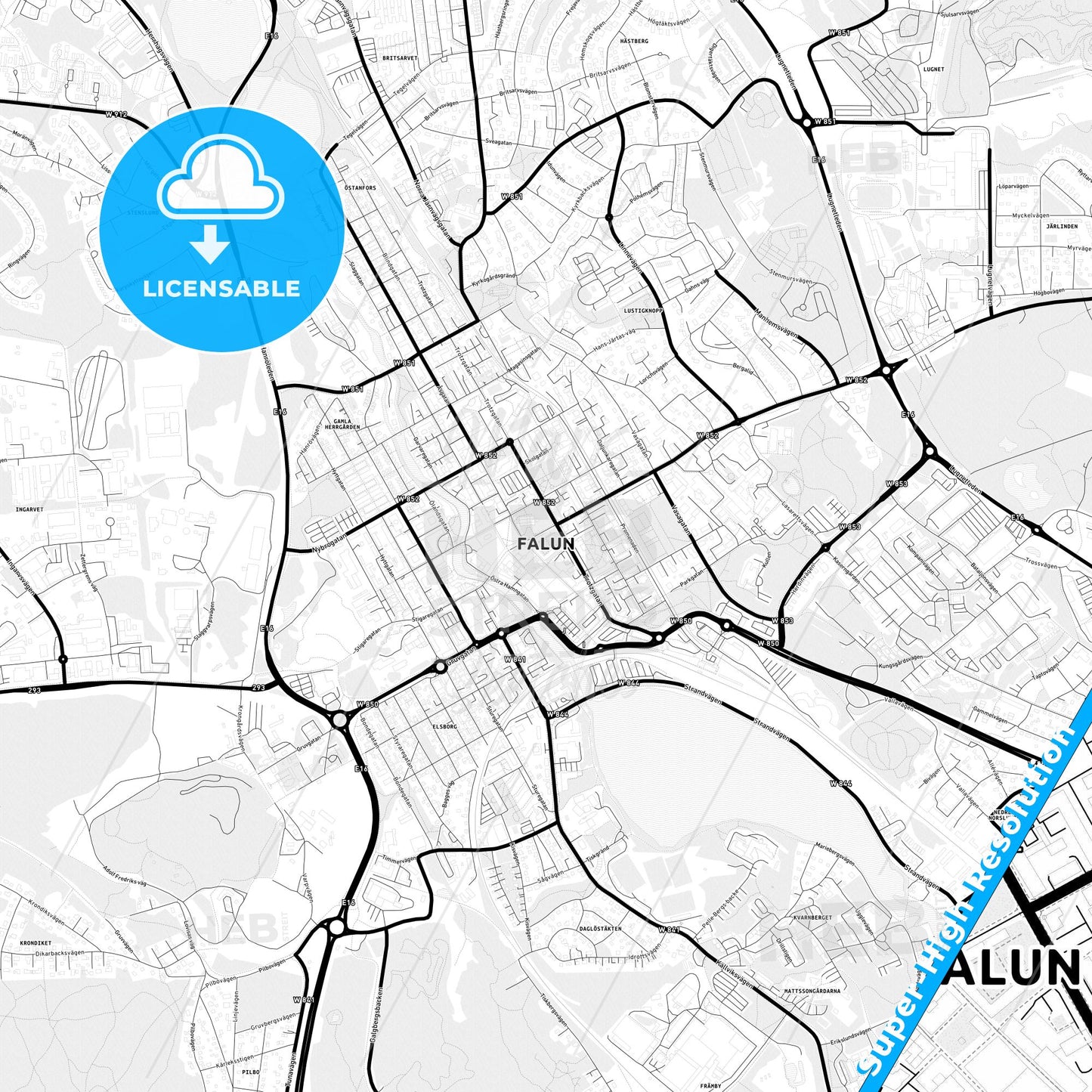 Falun, Sweden Light Map with Street Names, City Names, and Districts