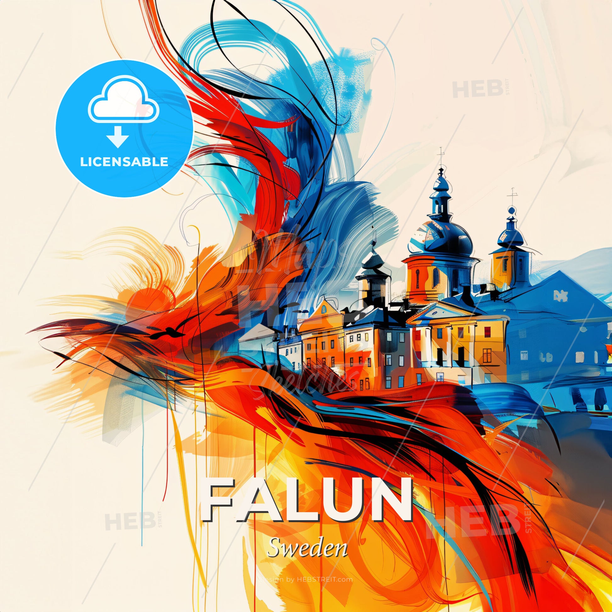 Vibrant Falun, Sweden - A Painting Of A Building With A Fire In The Background - Square format print template