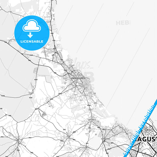 Famagusta  , Cyprus light map with streetnames, citynames and districts