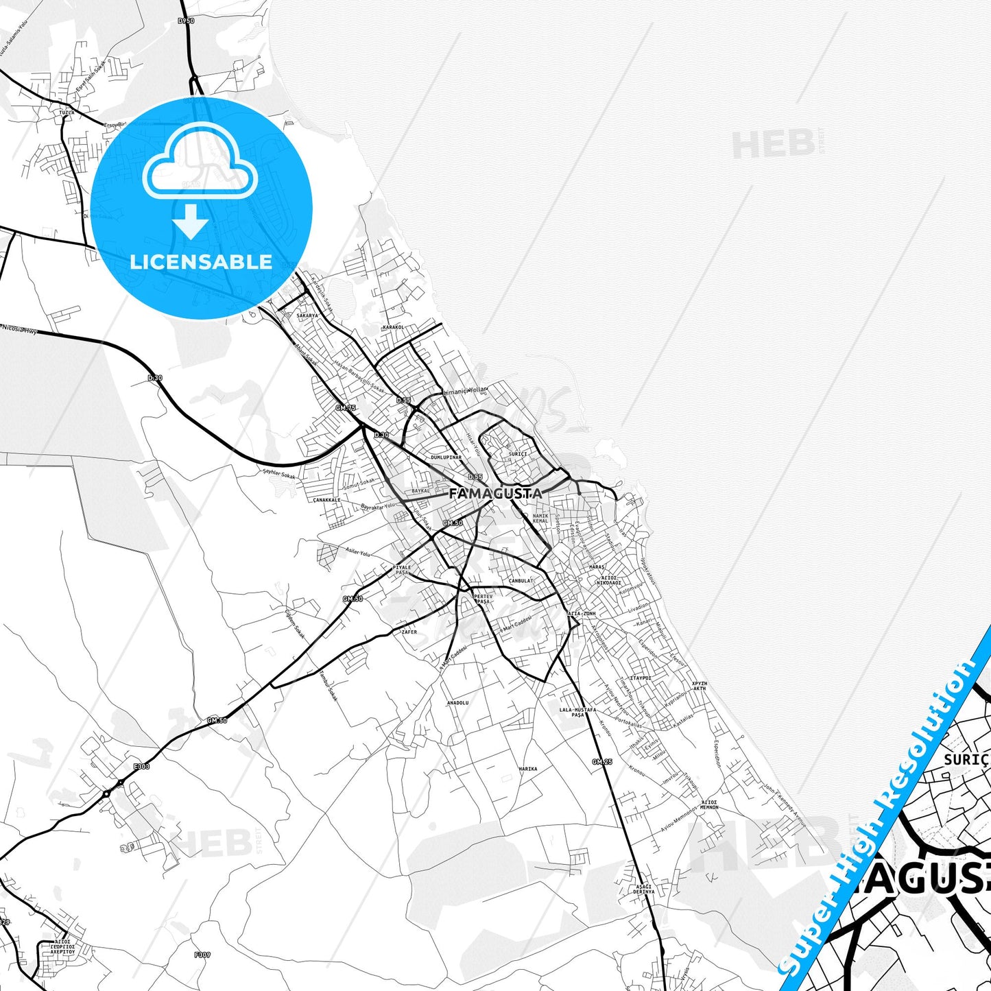 Famagusta  , Cyprus Light Map with Street Names, City Names, and Districts