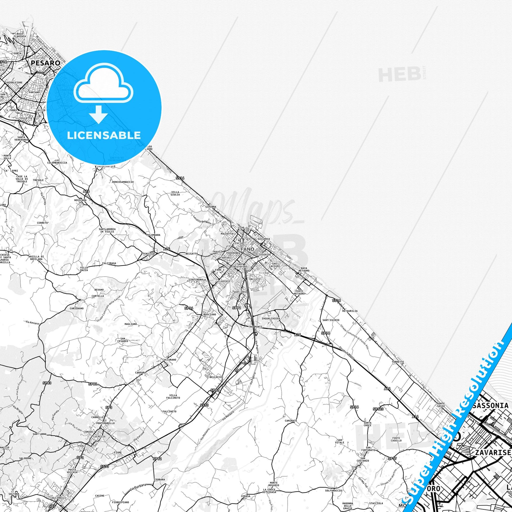 Fano, Italy light map with streetnames, citynames and districts