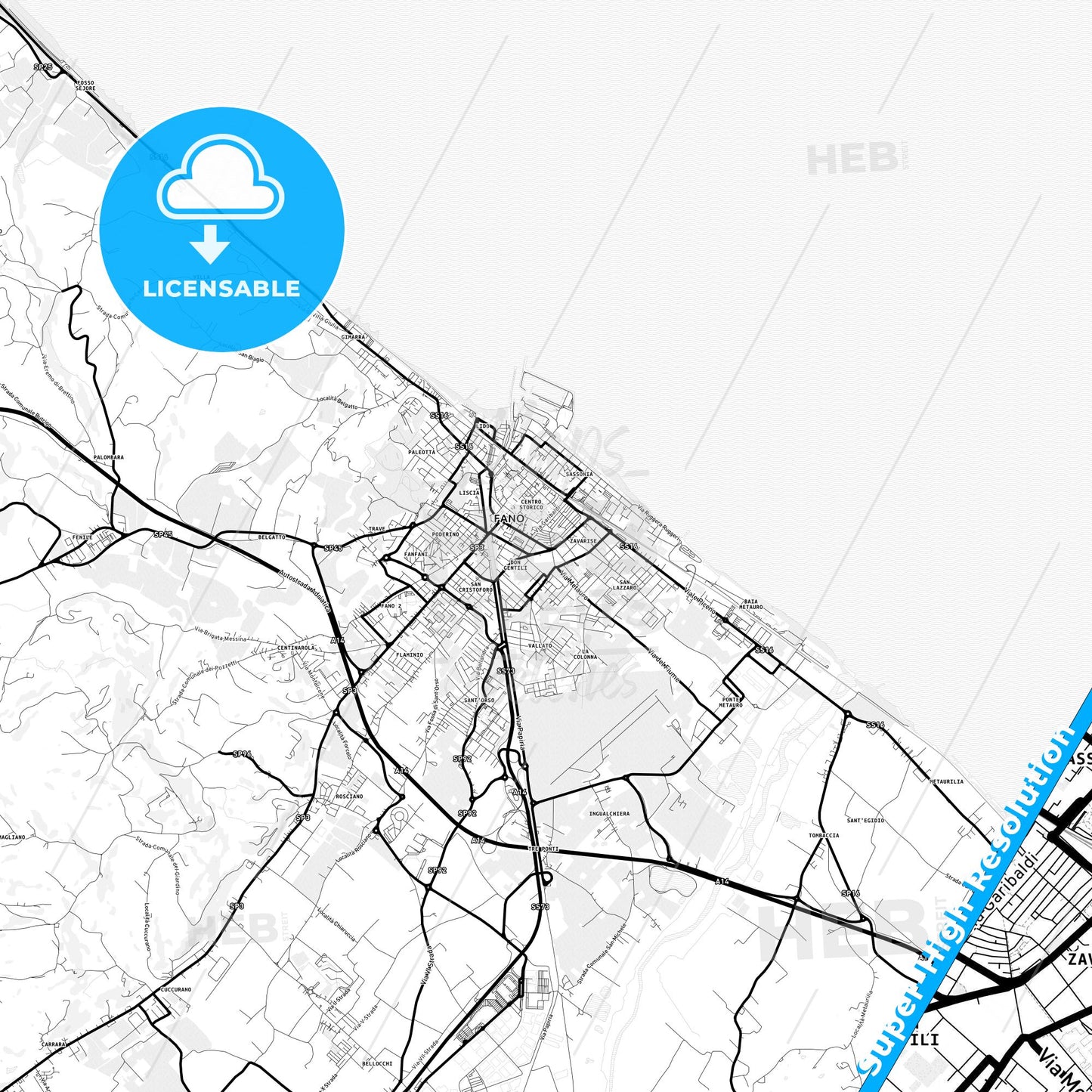 Fano, Italy Light Map with Street Names, City Names, and Districts
