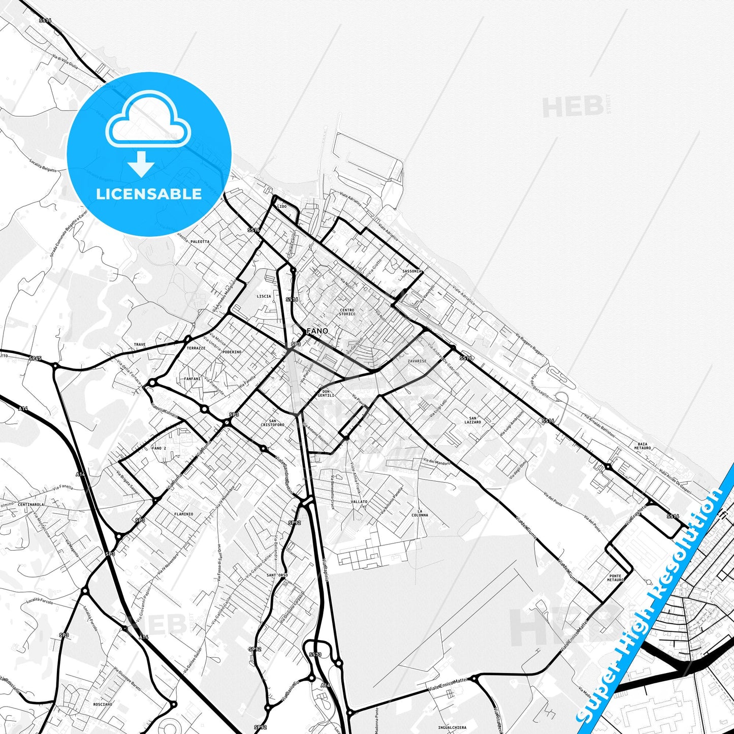 Fano, Italy Light Map with Street Names, City Names, and Districts