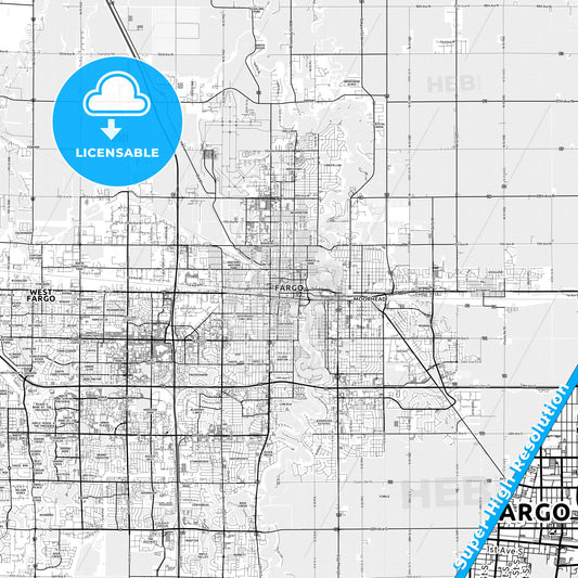 Fargo, North Dakota light map with streetnames, citynames and districts