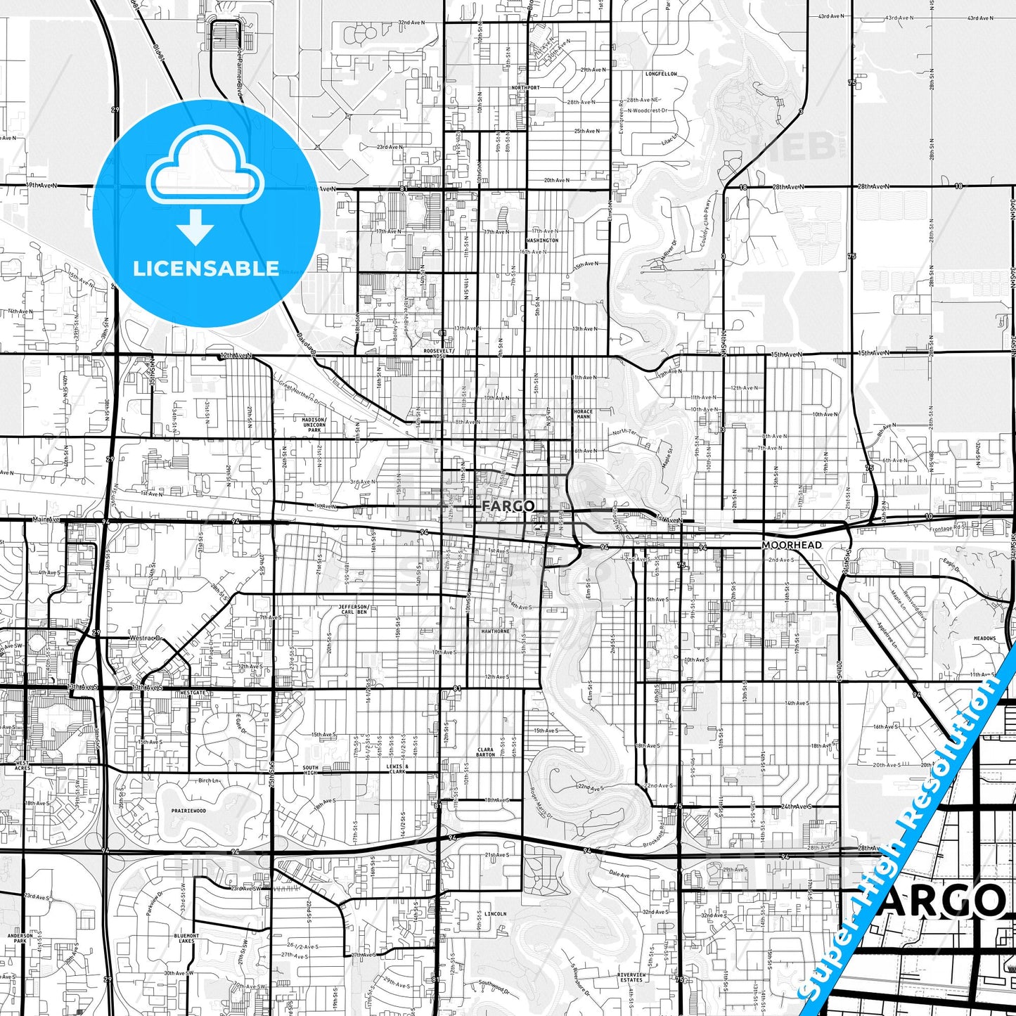 Fargo, North Dakota Light Map with Street Names, City Names, and Districts