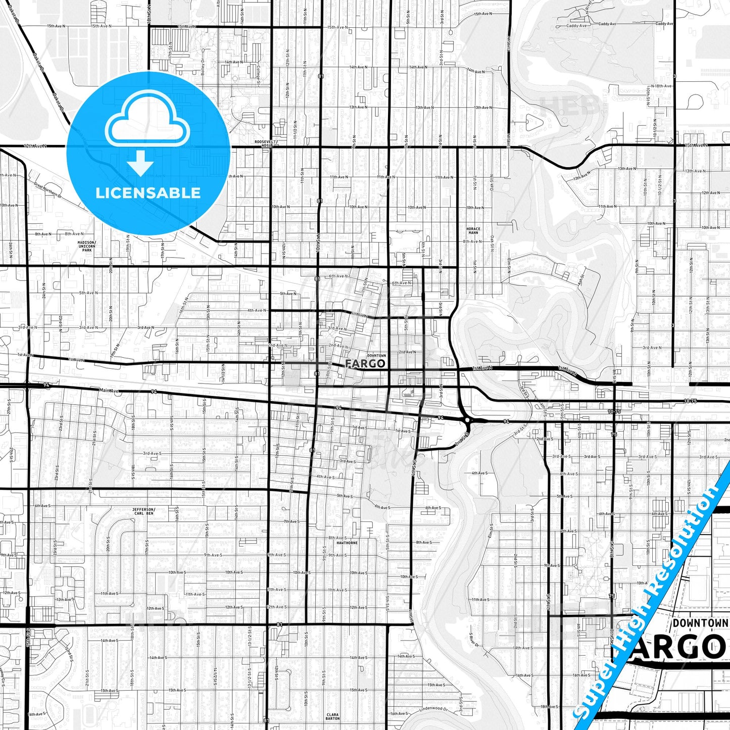 Fargo, North Dakota Light Map with Street Names, City Names, and Districts
