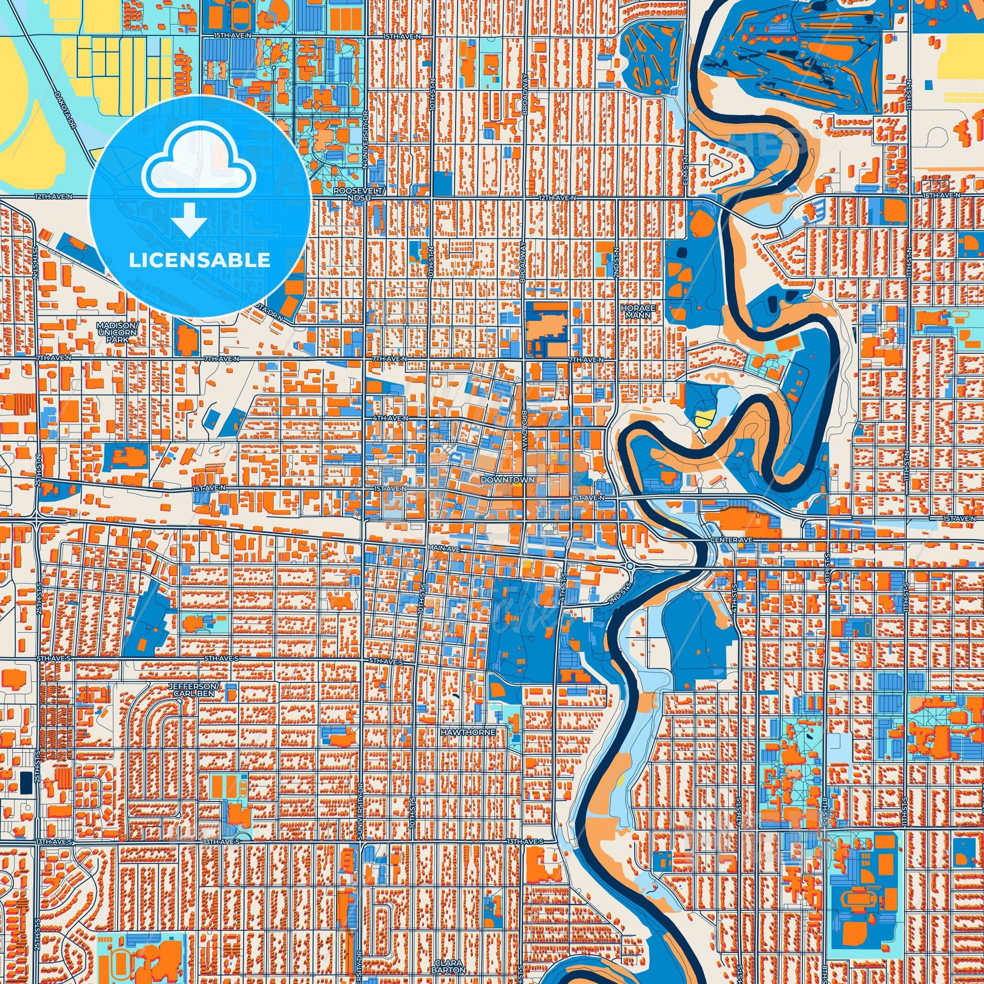 Colorful Fargo Street Map with Labels and Buildings