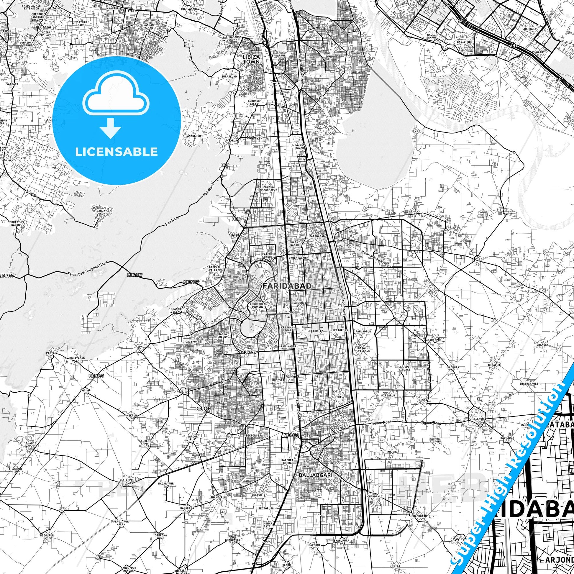 Faridabad, India light map with streetnames, citynames and districts