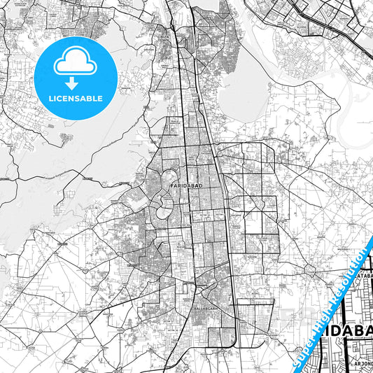 Faridabad, India light map with streetnames, citynames and districts