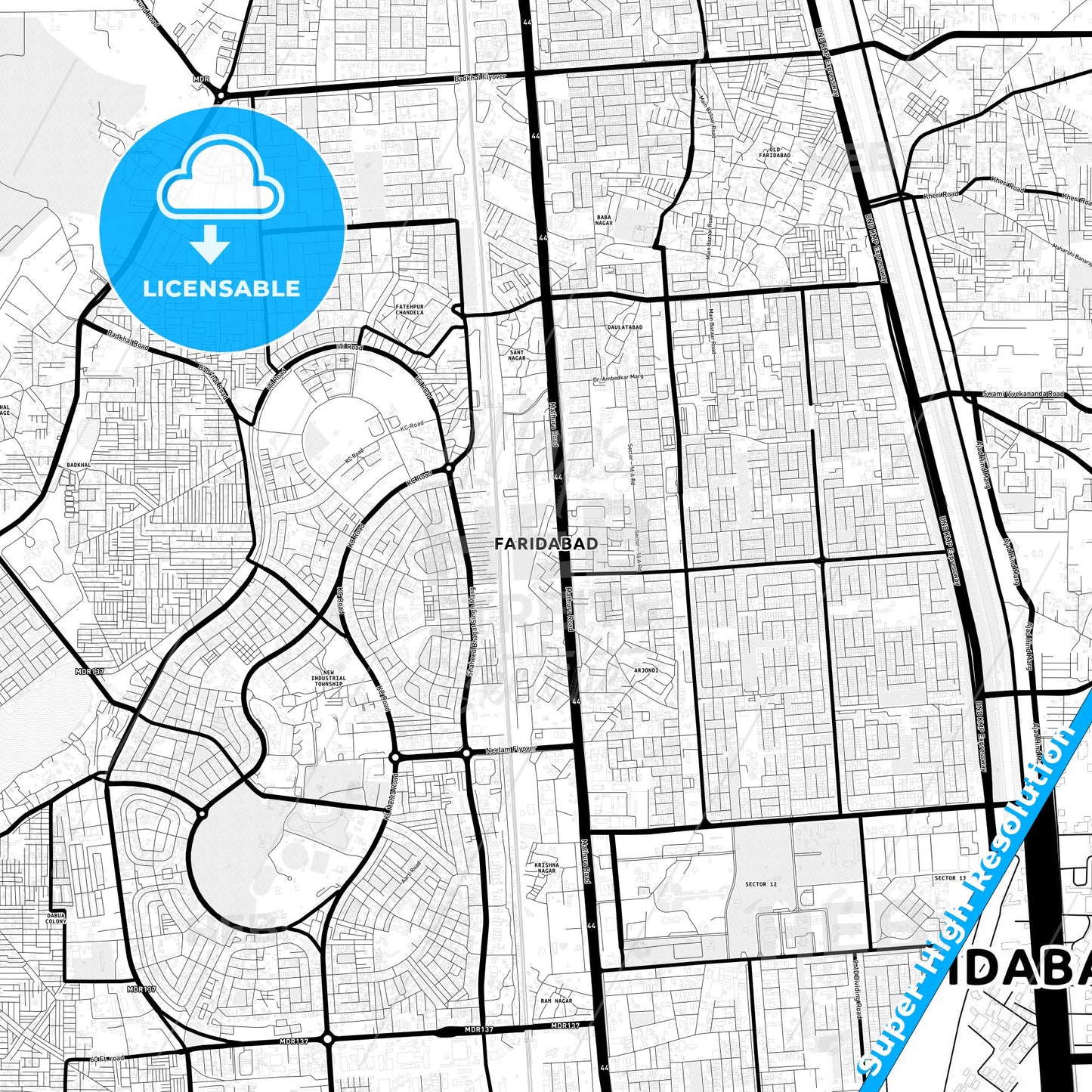 Faridabad, India Light Map with Street Names, City Names, and Districts