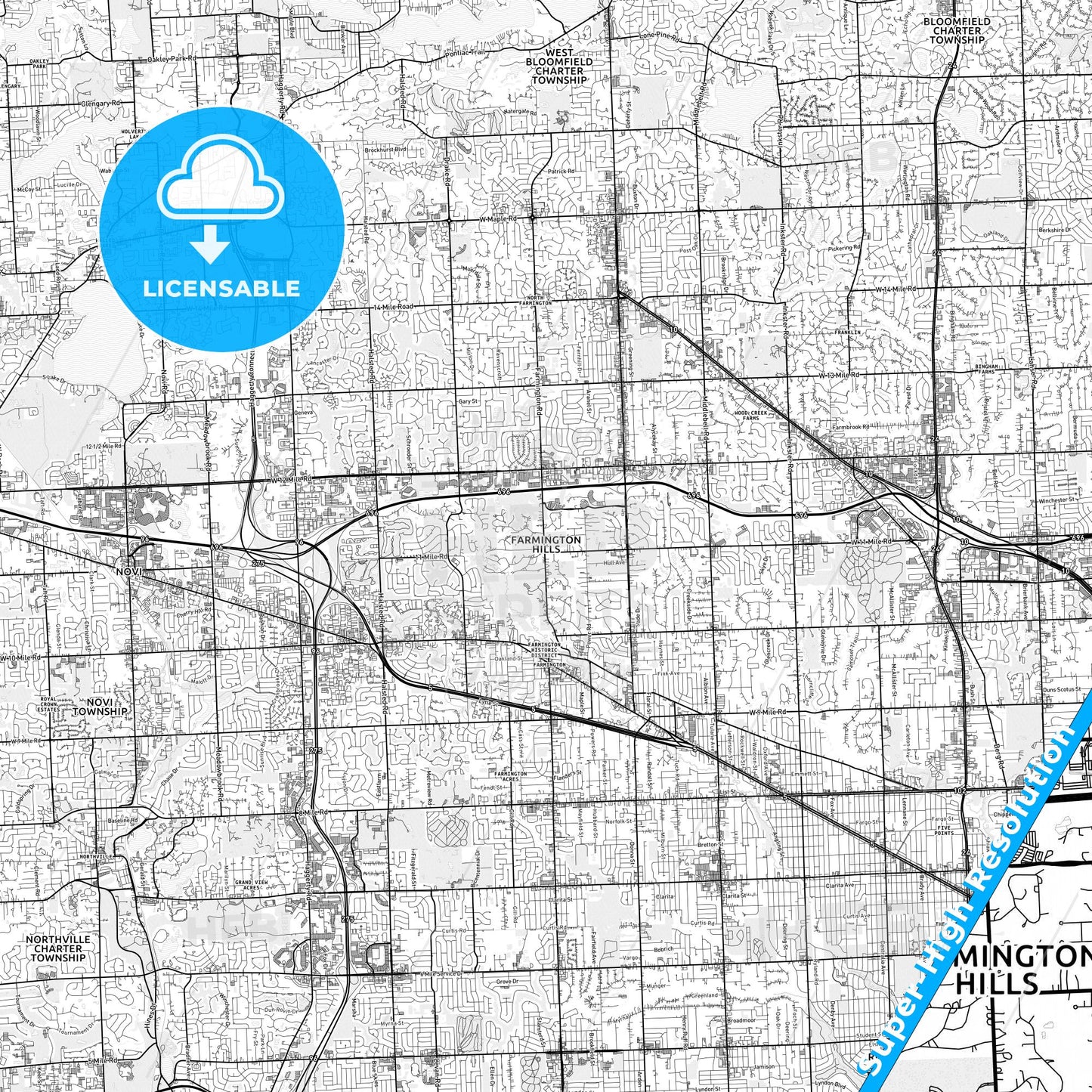 Farmington Hills, Michigan light map with streetnames, citynames and districts