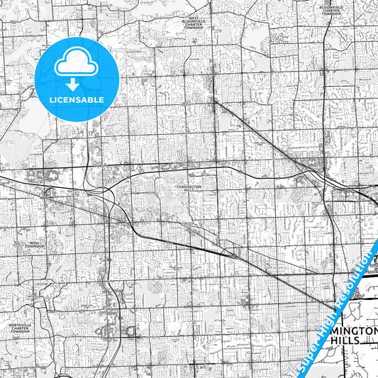 Farmington Hills, Michigan light map with streetnames, citynames and districts