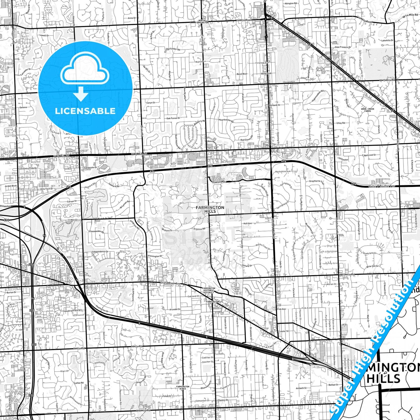 Farmington Hills, Michigan Light Map with Street Names, City Names, and Districts