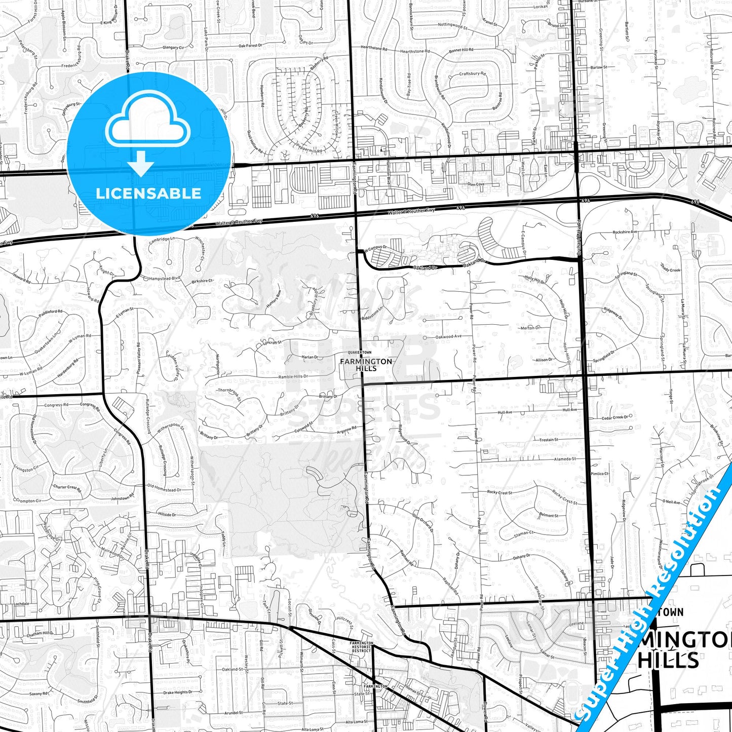 Farmington Hills, Michigan Light Map with Street Names, City Names, and Districts