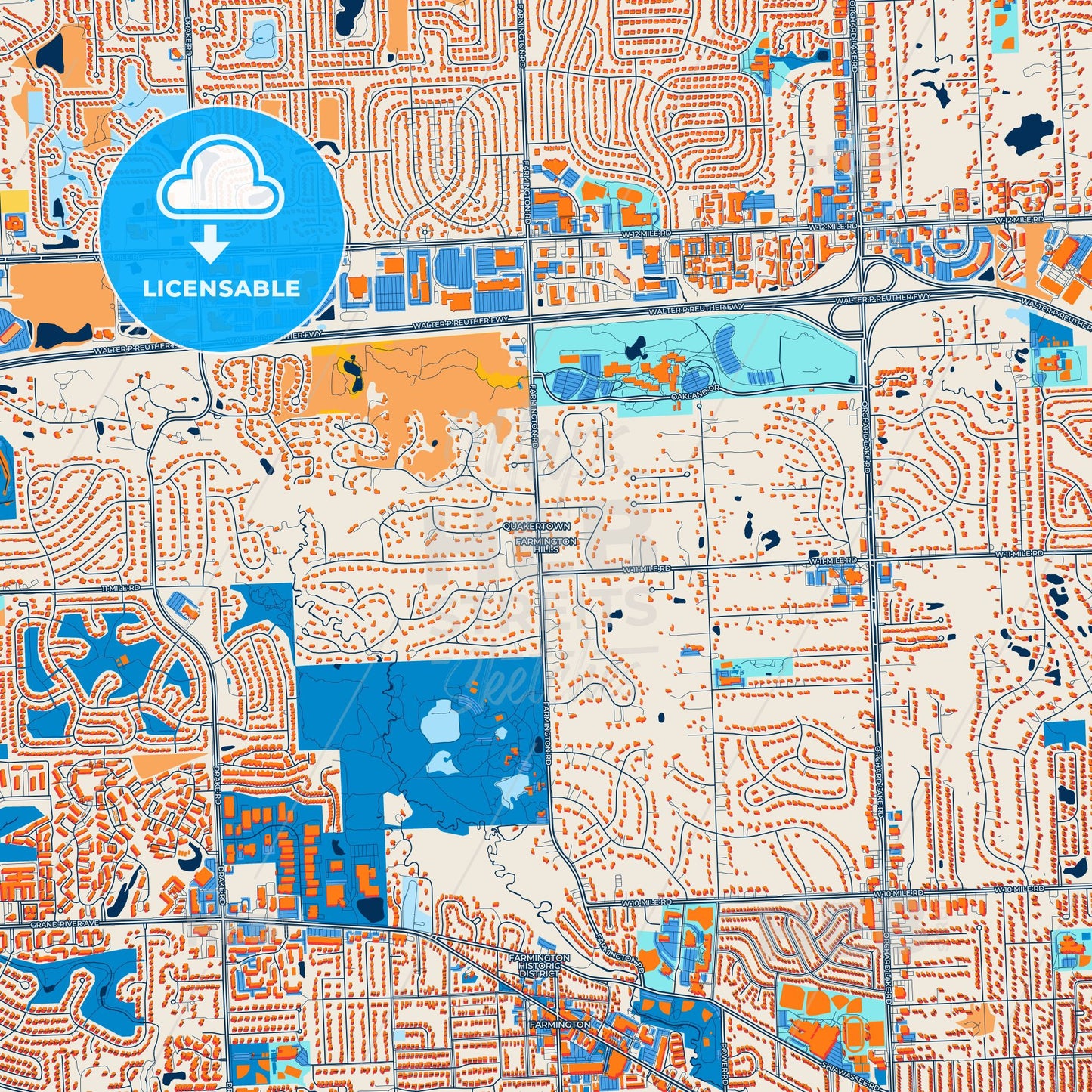 Colorful Farmington Hills Street Map with Labels and Buildings