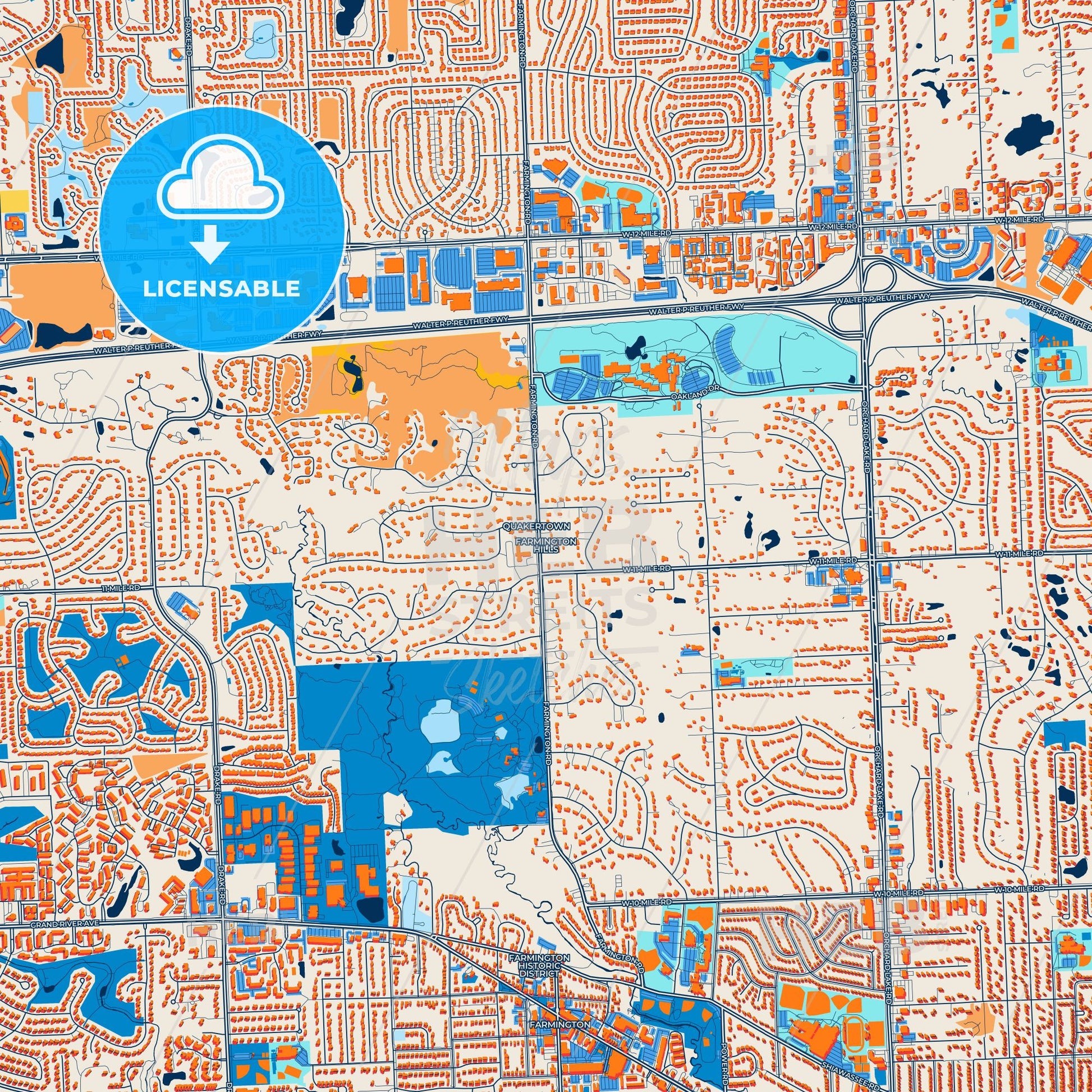 Colorful Farmington Hills Street Map with Labels and Buildings