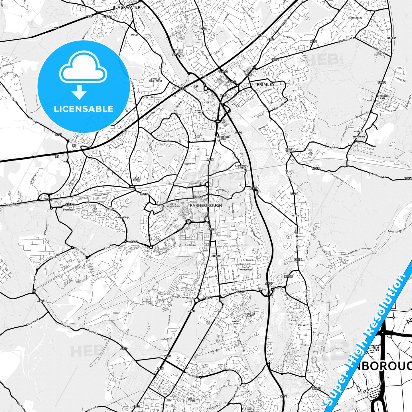 Farnborough, England Light Map with Street Names, City Names, and Districts