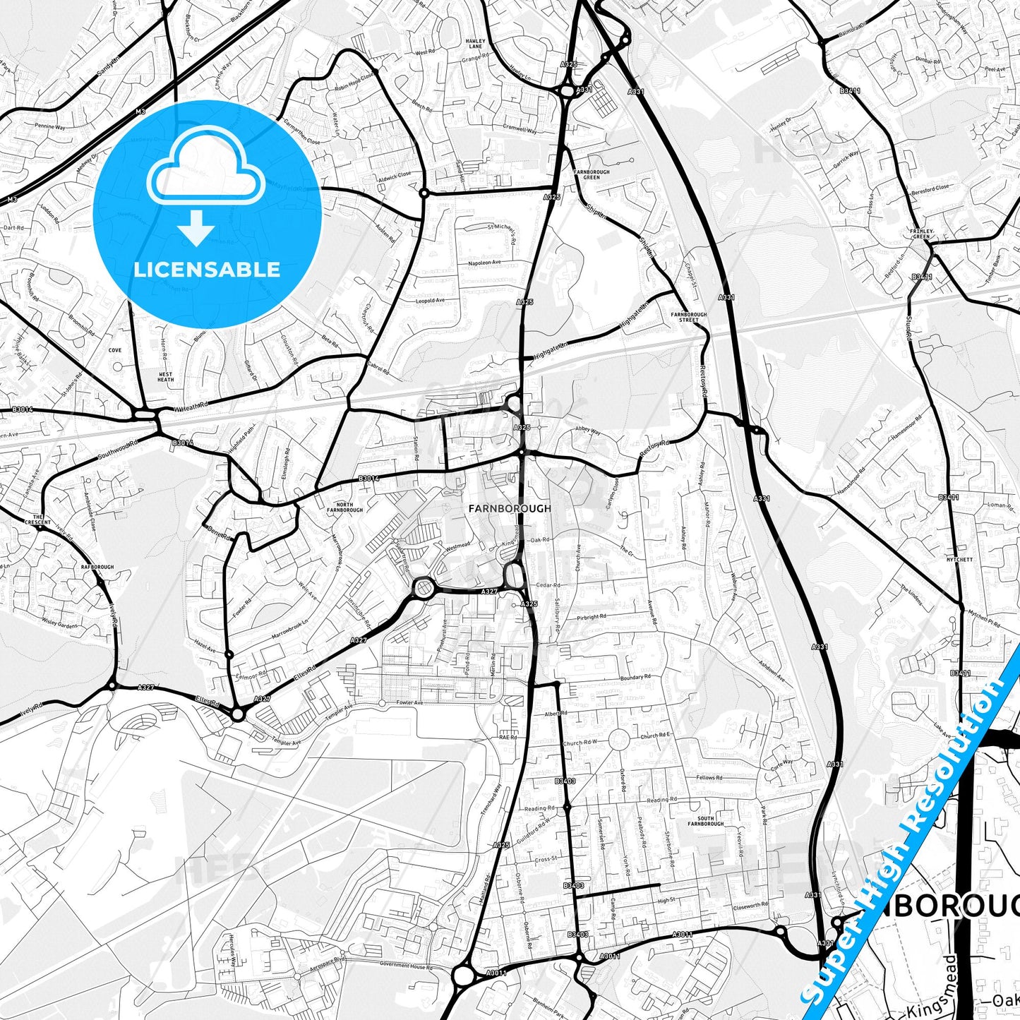 Farnborough, England Light Map with Street Names, City Names, and Districts