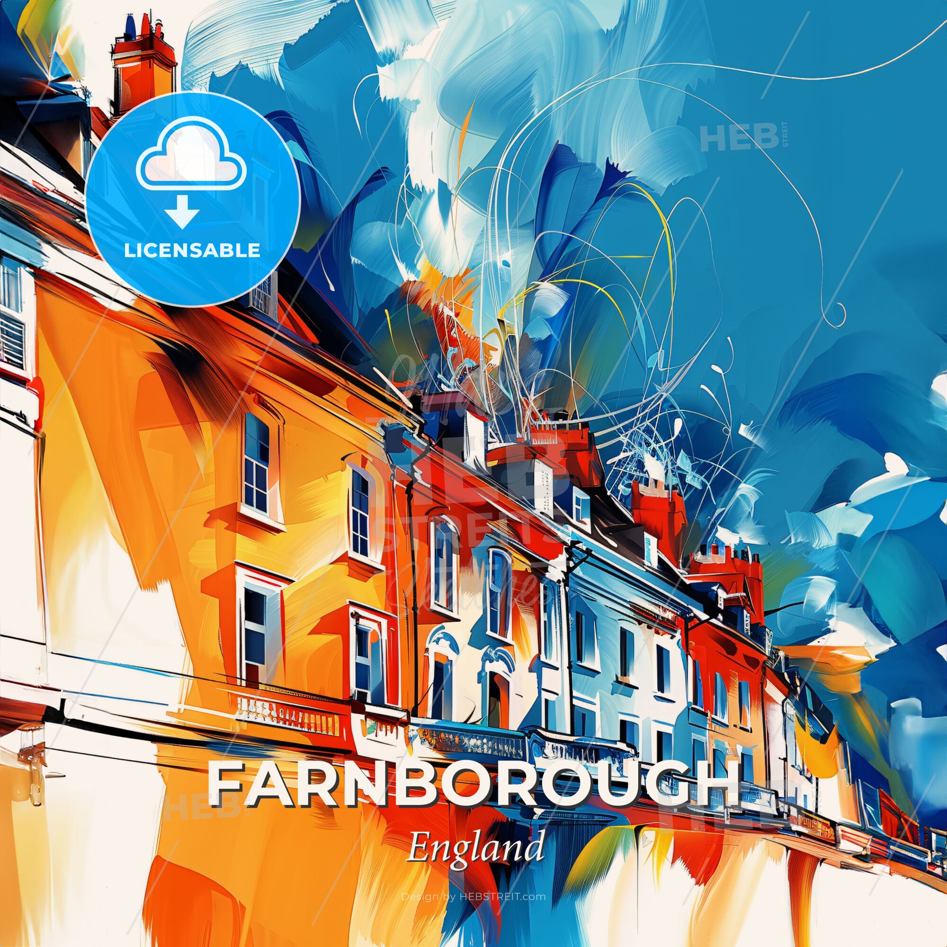 Vibrant Farnborough, England - A Colorful Building With A Blue Sky - Square format print template