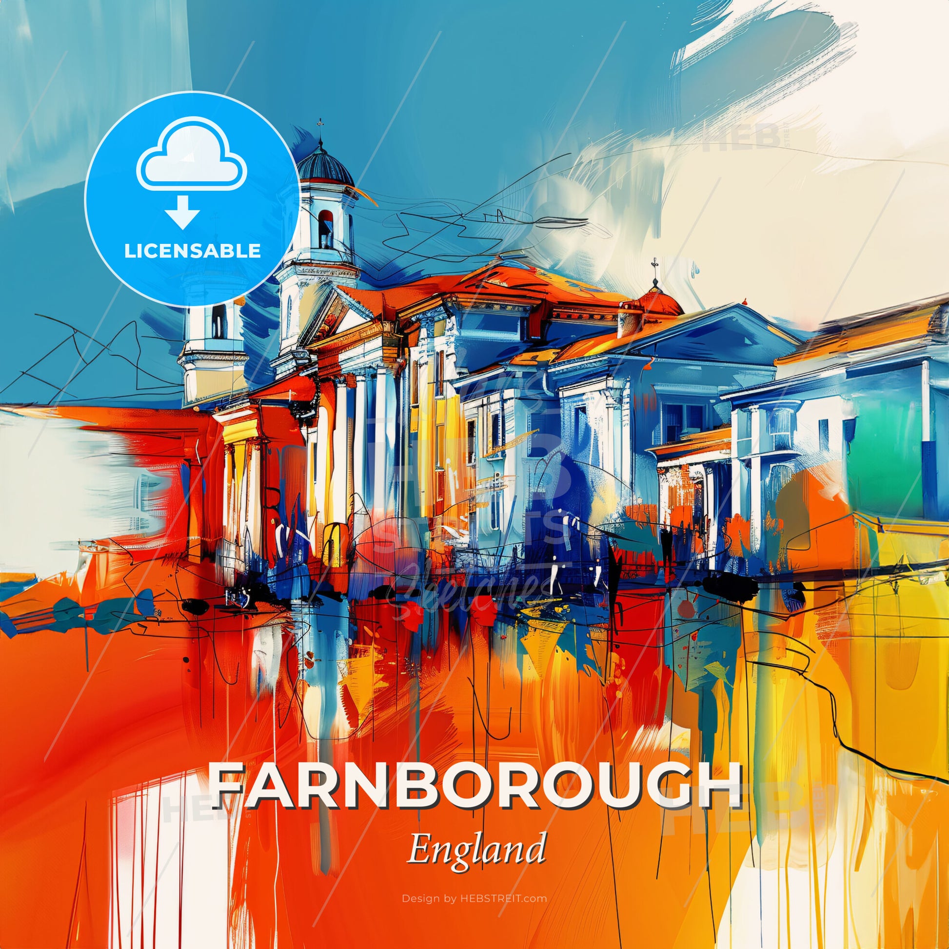 Vibrant Farnborough, England - A Painting Of A Building With A Red And Blue Sky - Square format print template