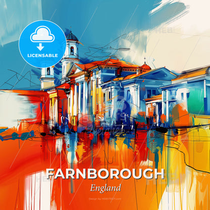 Vibrant Farnborough, England - A Painting Of A Building With A Red And Blue Sky - Square format print template