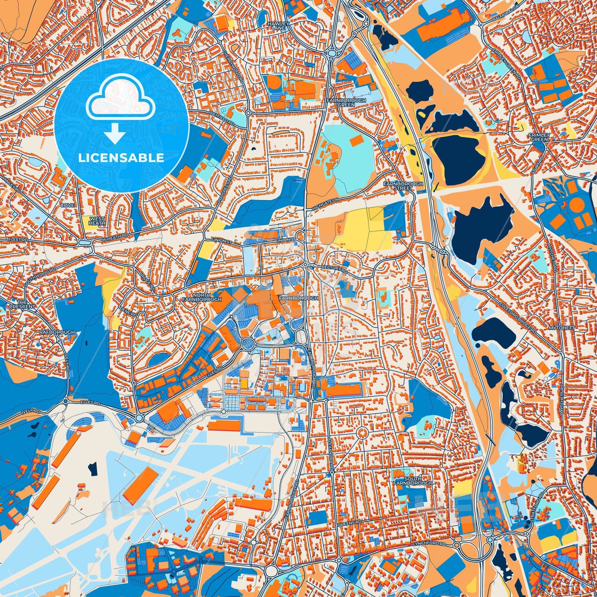 Colorful Farnborough Street Map with Labels and Buildings