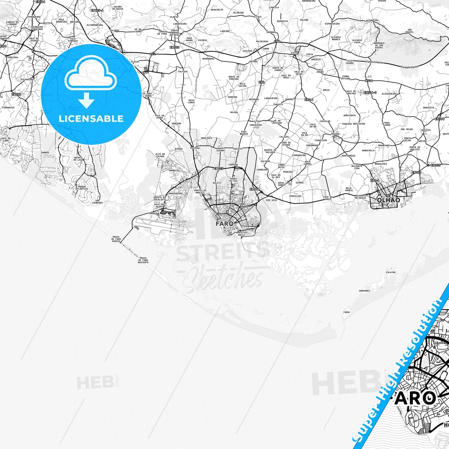 Faro, Portugal light map with streetnames, citynames and districts