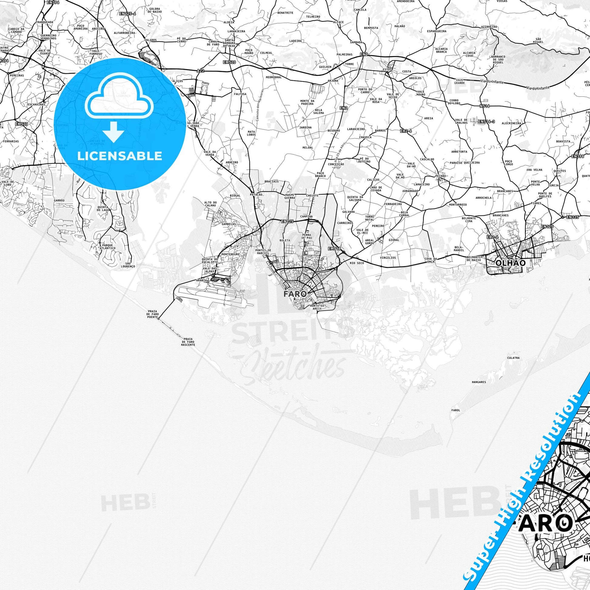 Faro, Portugal light map with streetnames, citynames and districts