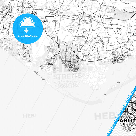 Faro, Portugal light map with streetnames, citynames and districts