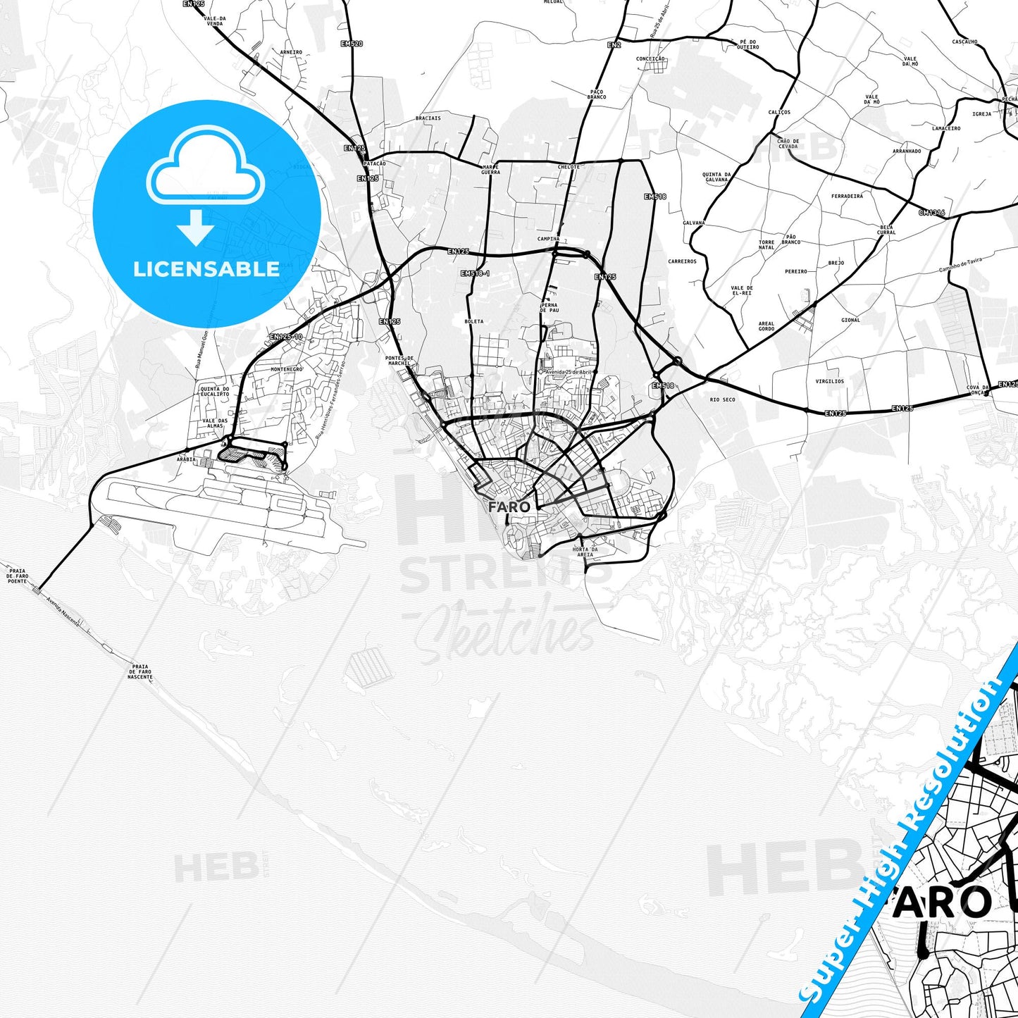 Faro, Portugal Light Map with Street Names, City Names, and Districts