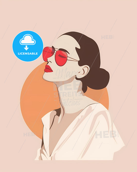 Minimalist Art Illustration of Woman Wearing Sunglasses with Soft Pink Background and Three-color Combination