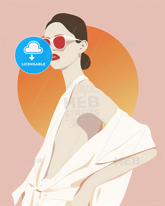 Abstract Woman Painting Art Minimalist Poster Design, 3 Color Soft Pink Background, Sunglasses White Shirt