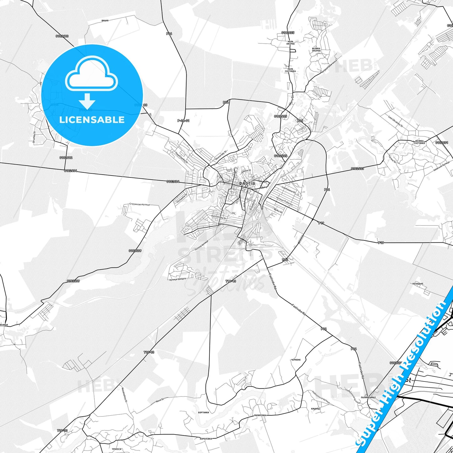 Fastiv, Ukraine light map with streetnames, citynames and districts