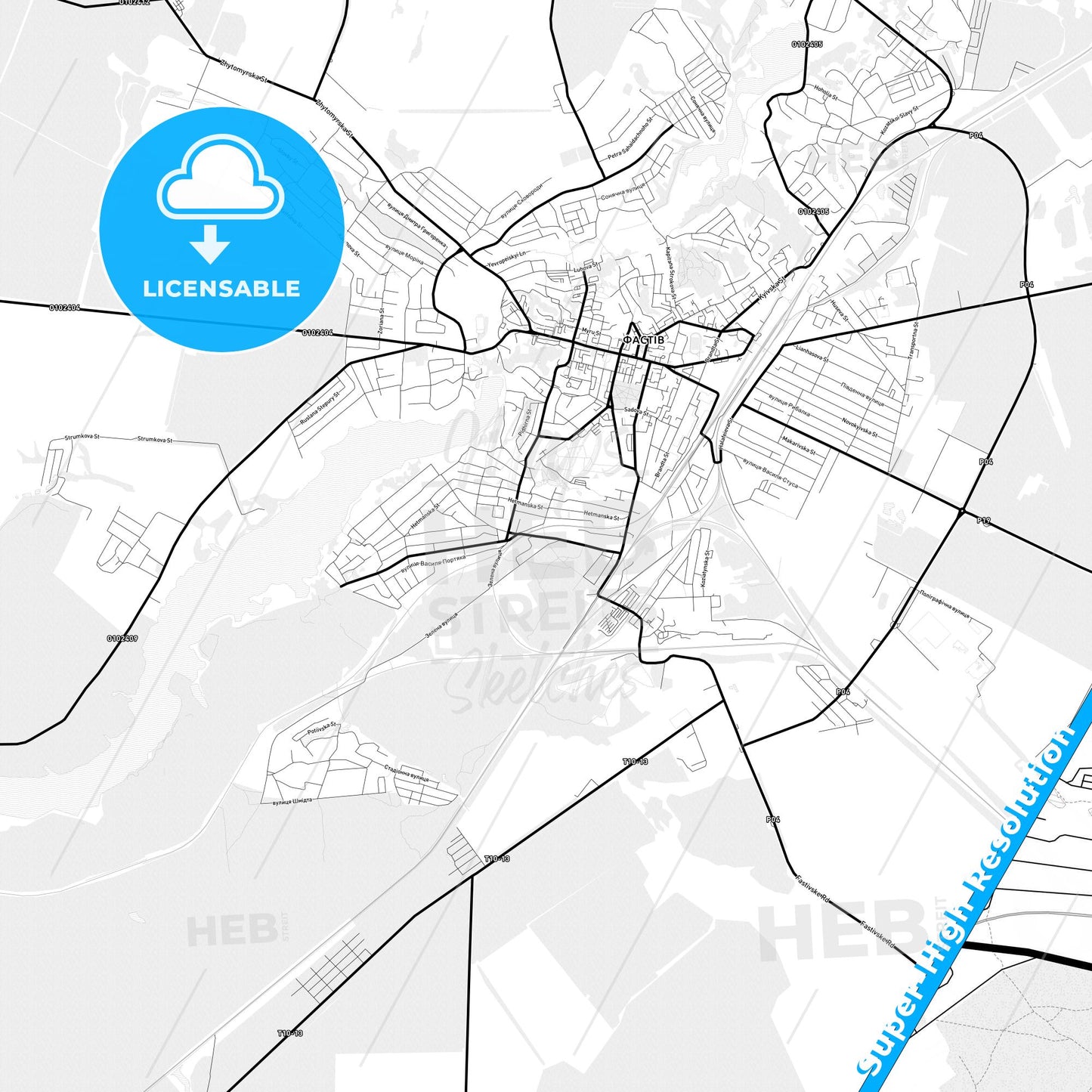 Fastiv, Ukraine Light Map with Street Names, City Names, and Districts