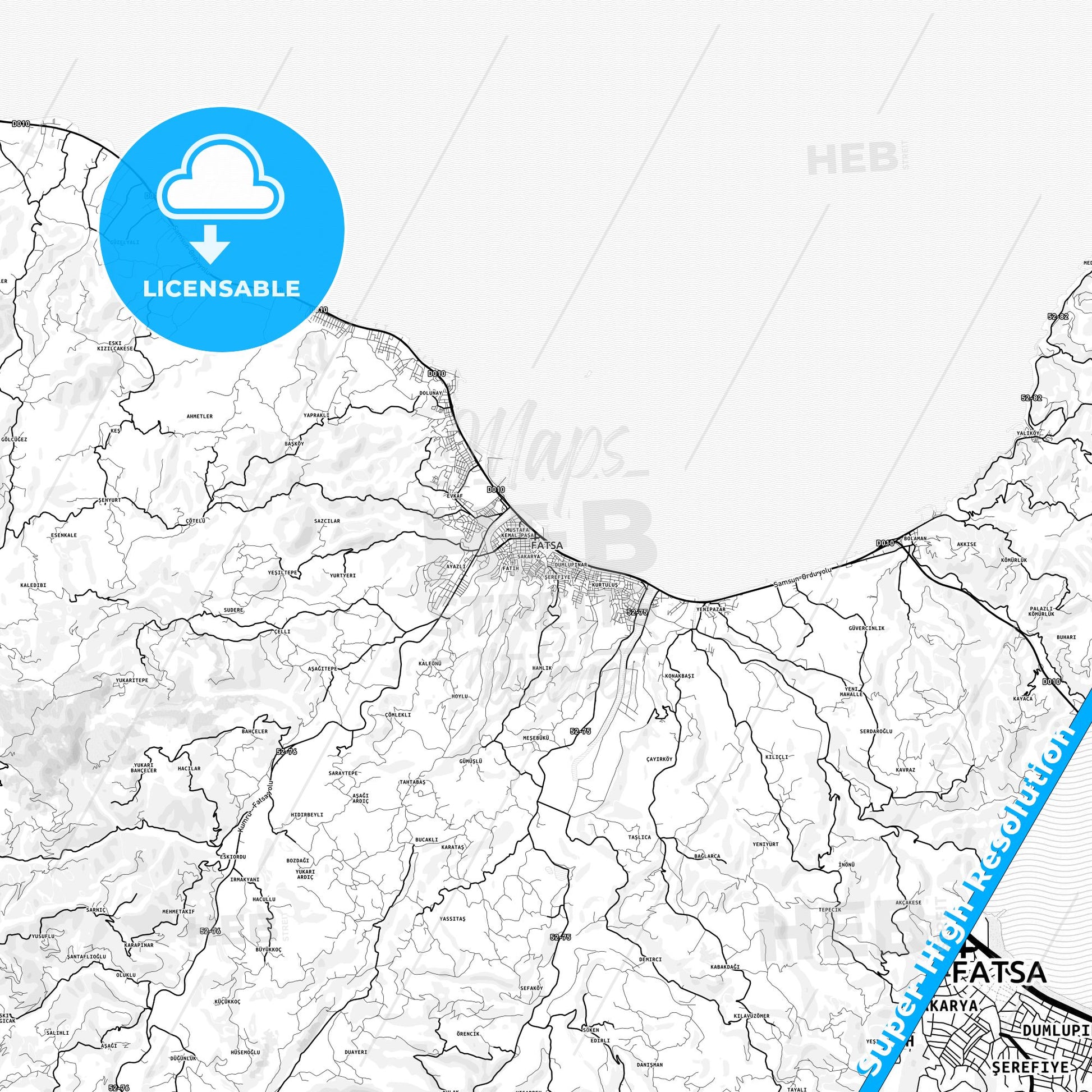 Fatsa, Turkey light map with streetnames, citynames and districts