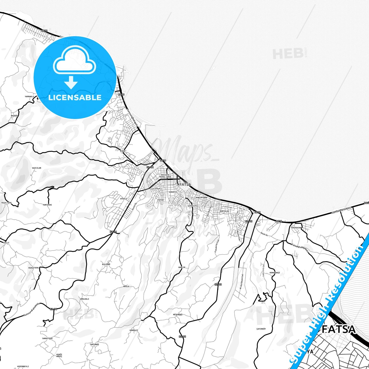 Fatsa, Turkey Light Map with Street Names, City Names, and Districts