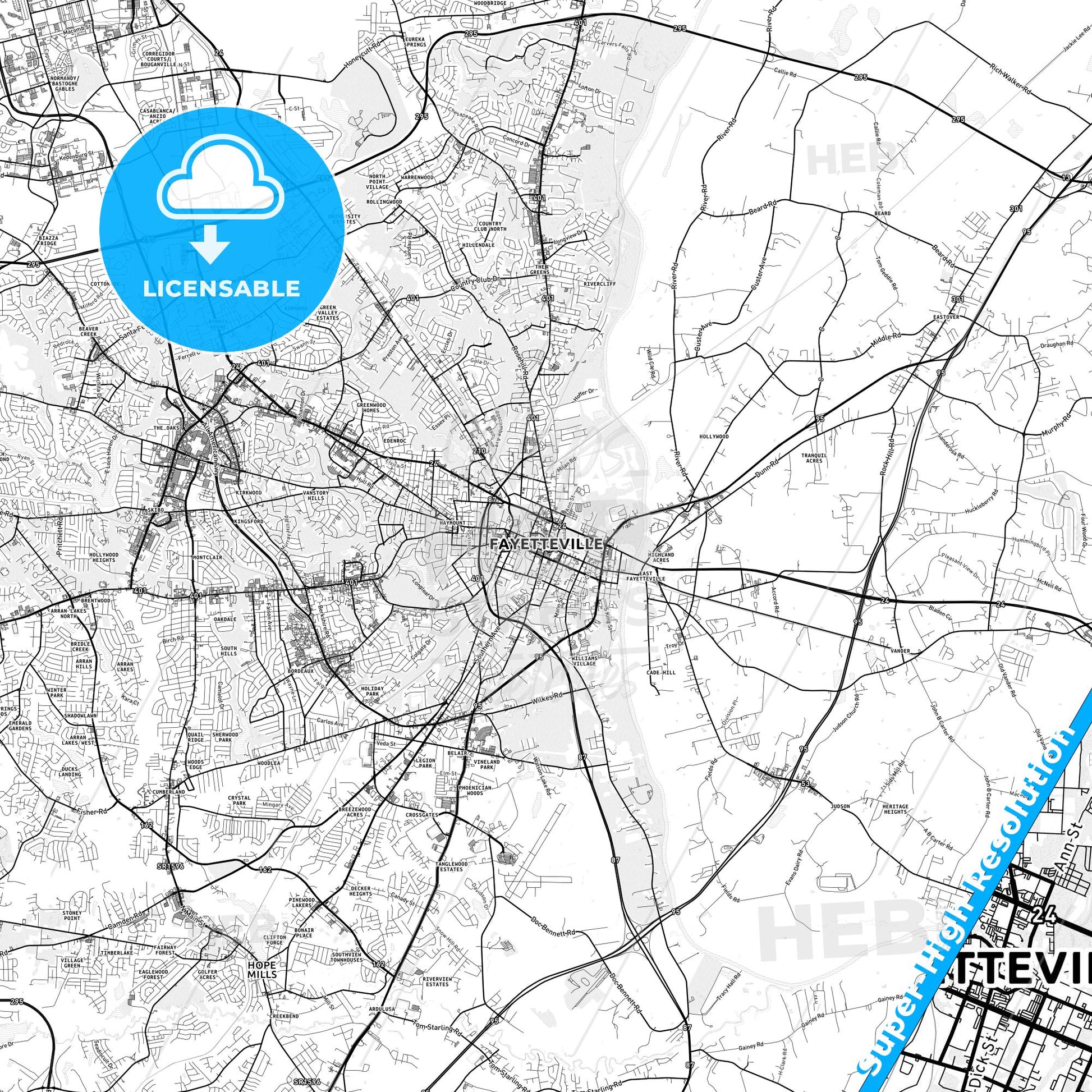 Fayetteville, North Carolina light map with streetnames, citynames and districts