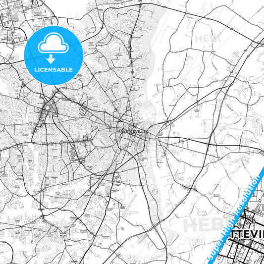 Fayetteville, North Carolina light map with streetnames, citynames and districts