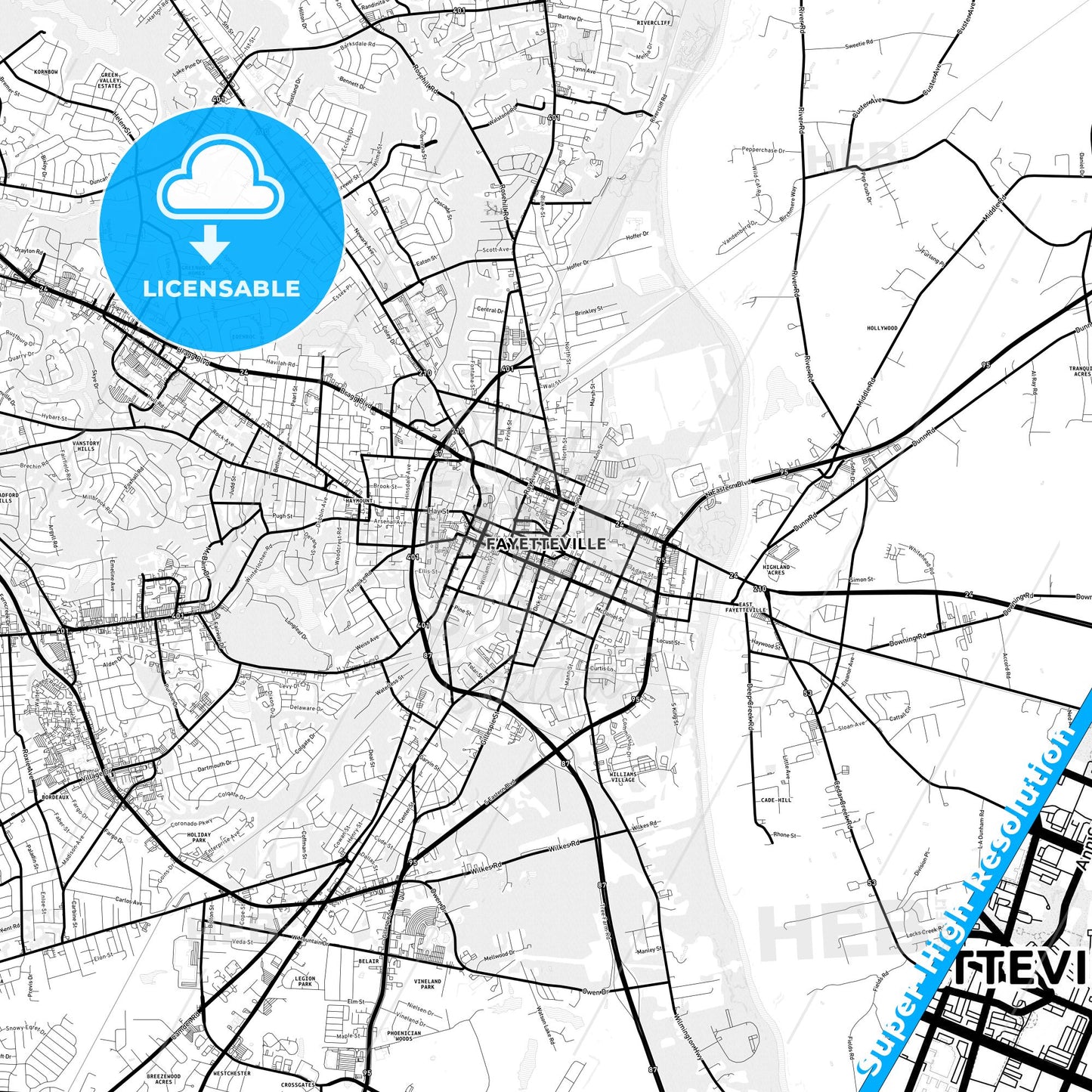 Fayetteville, North Carolina Light Map with Street Names, City Names, and Districts