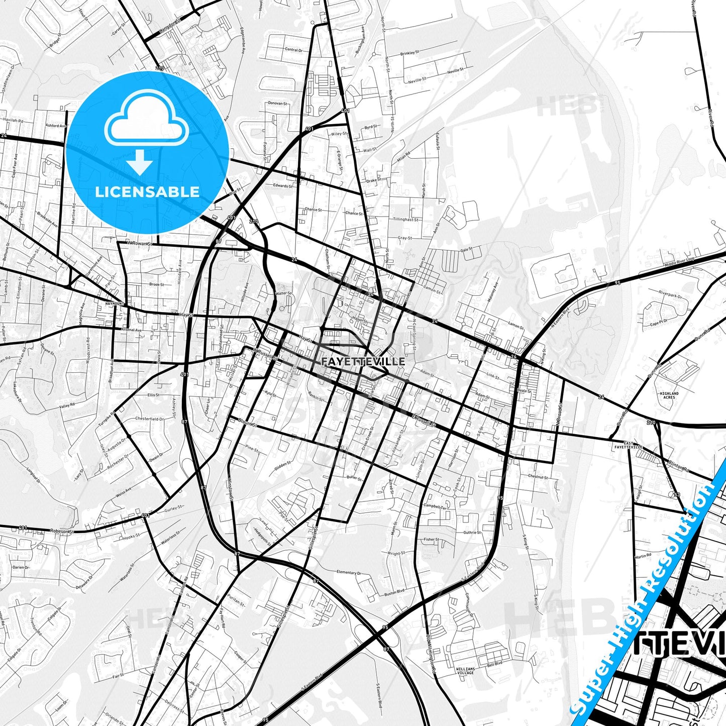 Fayetteville, North Carolina Light Map with Street Names, City Names, and Districts