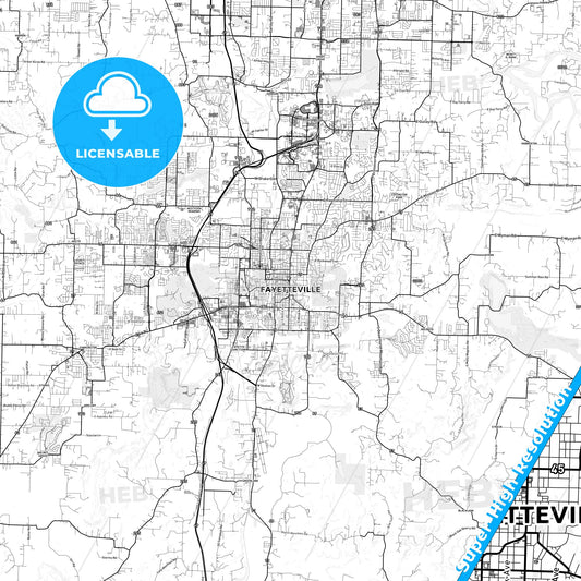 Fayetteville, Arkansas light map with streetnames, citynames and districts