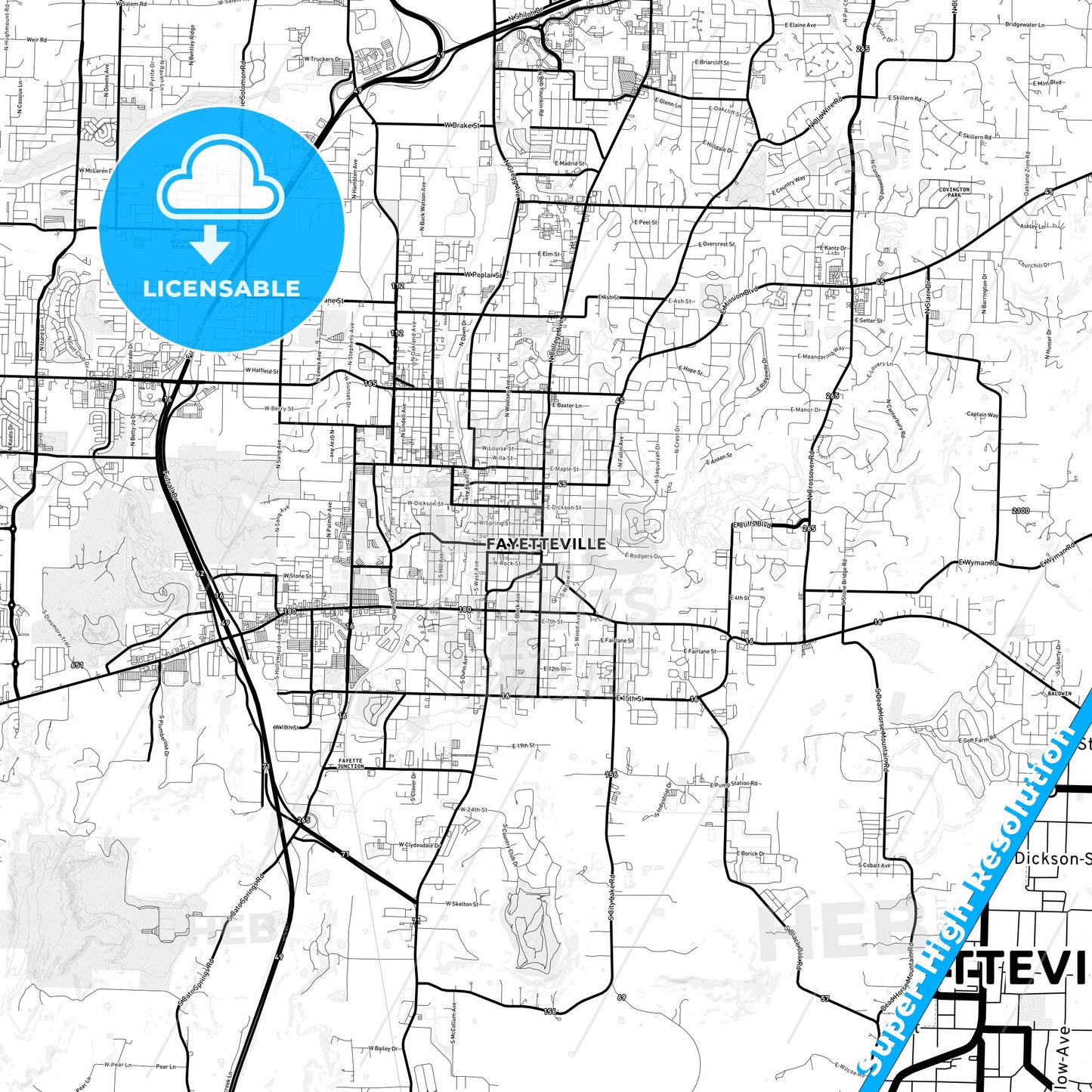 Fayetteville, Arkansas Light Map with Street Names, City Names, and Districts